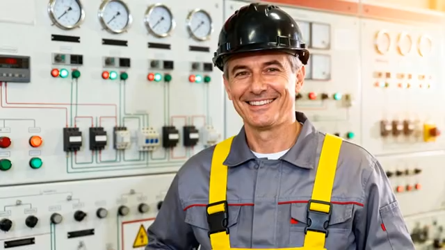 工人于操控台前微笑3721#横