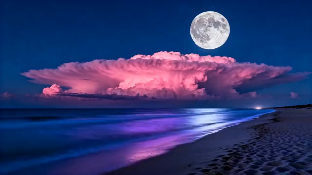  月下粉云海面夜景3072#横屏 	 