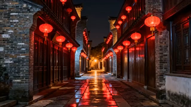  雨夜古巷红灯笼夜景3040#横屏 	 
