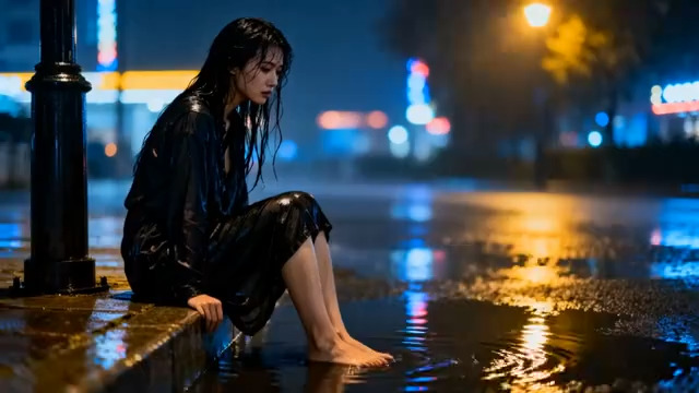  雨夜独坐的悲伤女子3029#横屏 	 