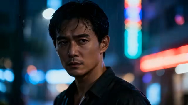  雨夜街头忧郁男子特写3046#横屏 	 