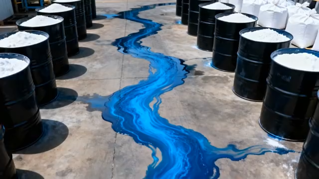 工厂内桶装货物及蓝色液体3478#横