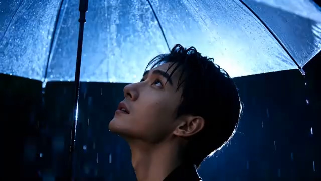  雨夜撑伞忧郁男士特写3023#横屏 	 