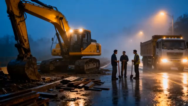  雨夜施工挖掘机作业3047#横屏 	 -