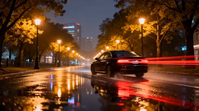  雨夜街灯与汽车流光3045#横屏 	 