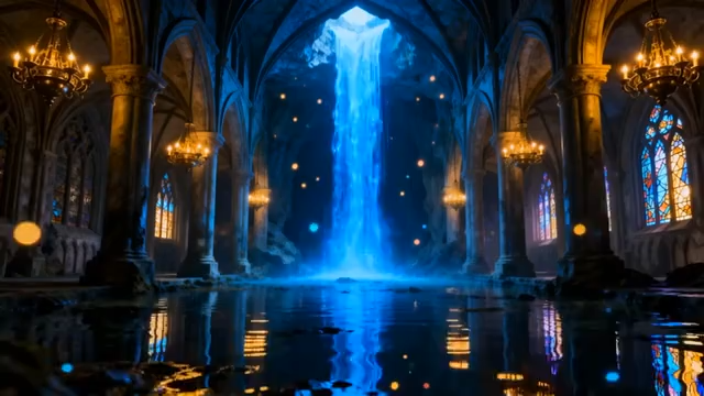哥特式教堂内蓝色瀑布景观4799#横