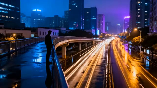  雨夜城市天桥人物背影3027#横屏 	 