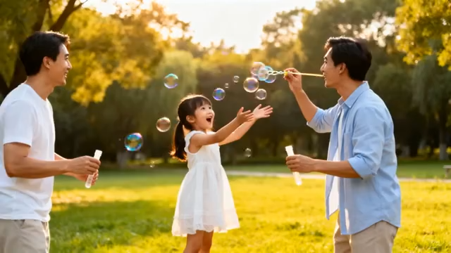 父女公园吹泡泡互动场景3223#横屏 