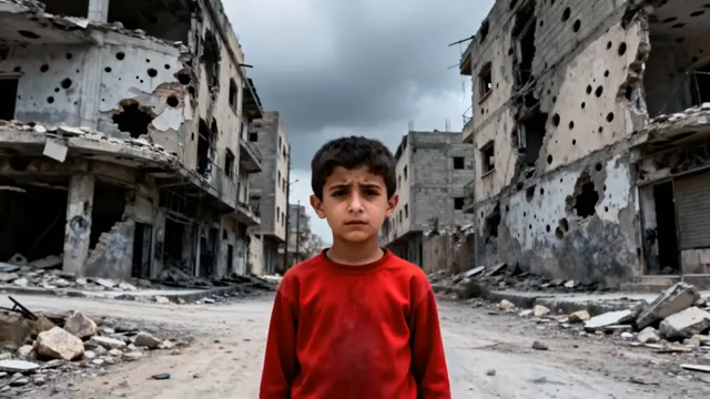 废墟中站立的红衣男孩5269#横