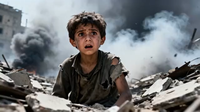 废墟中惊恐的男孩2427#横屏 