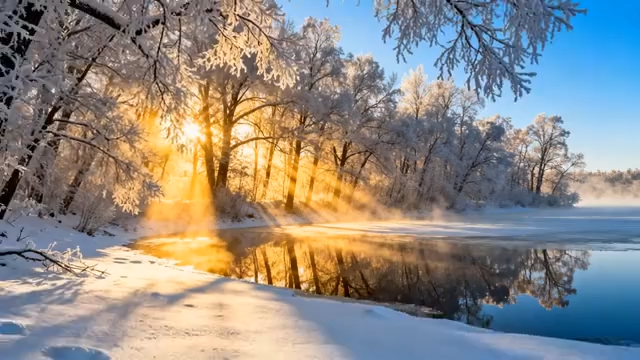 冬日森林雪景阳光湖面素材1204#横