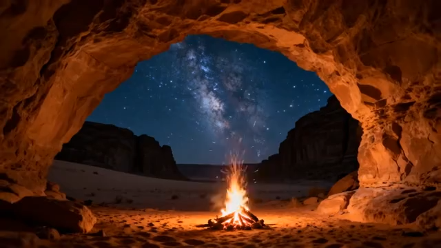 洞穴内篝火星空夜景素材2698#横屏 