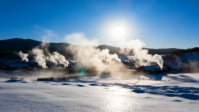 冬日雪乡阳光炊烟雪景983#横