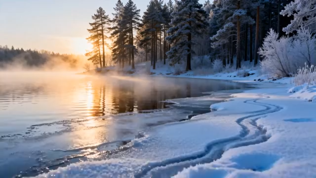 冬日森林湖畔日出景象3441#横