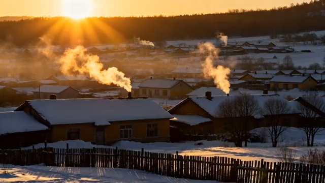 冬日村庄雪景日落全景1602#横屏 