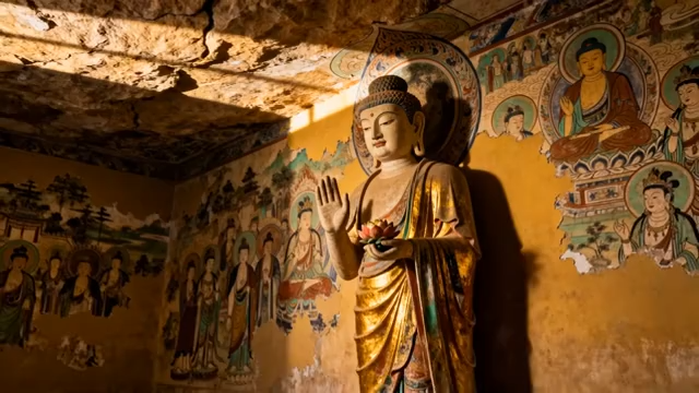 洞窟内佛像与壁画素材4291#横