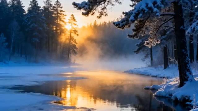 冬日森林阳光照耀河流场景4293#横