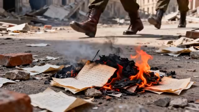 地面燃烧的纸张和火焰70#横