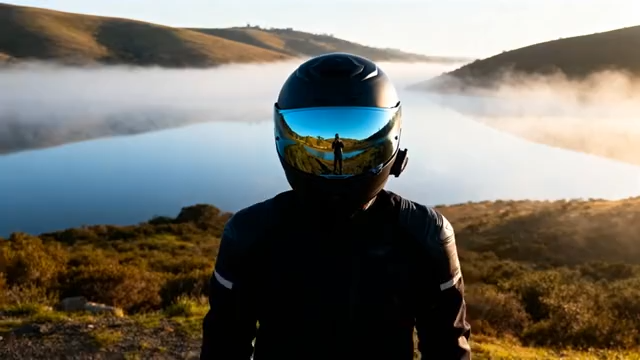 戴头盔骑手于山水间的素材1303#横屏 