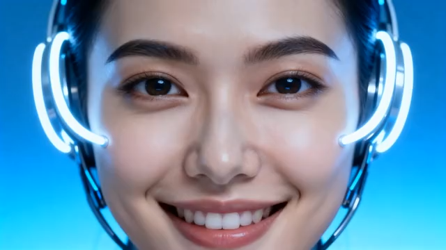 戴科技耳机微笑的女性特写3344#横