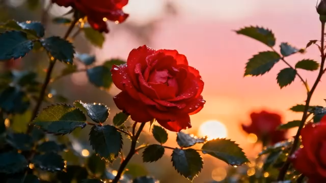 带露珠红玫瑰日落背景素材849#横屏 