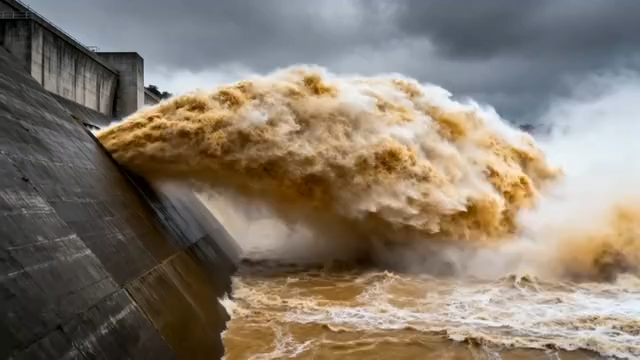 大坝泄洪水流汹涌场景25#横