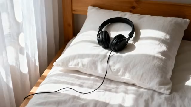 床上枕头旁的黑色耳机585#横屏 