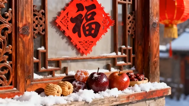 窗台上的福字与雪覆果品2223#横