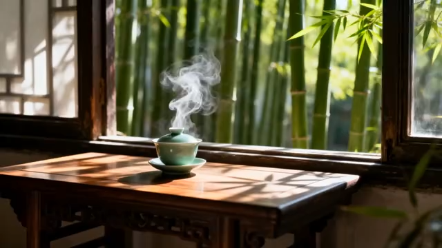 窗边木桌盖碗茶3363#横