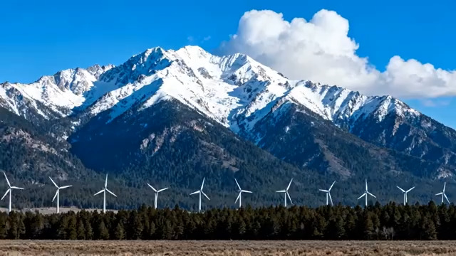  雪山下的风力发电机群2682#横屏 	 