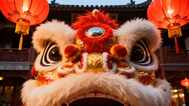  醒狮头特写 红灯笼背景2576#横屏 	 -