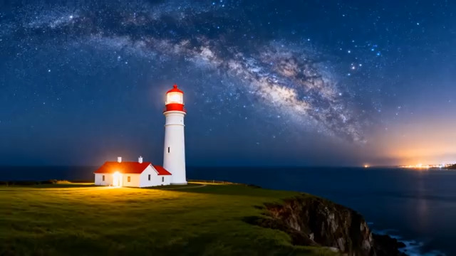  星空下的海边灯塔2554#横屏 	 