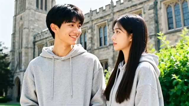  校园情侣对视微笑2519#横屏 	 