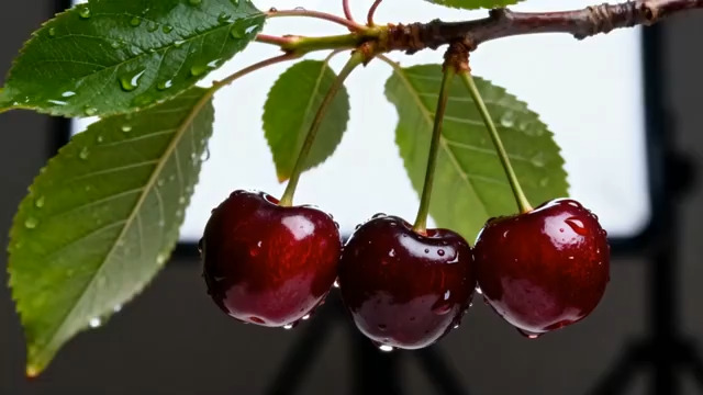  鲜红樱桃挂枝头特写2449#横屏 