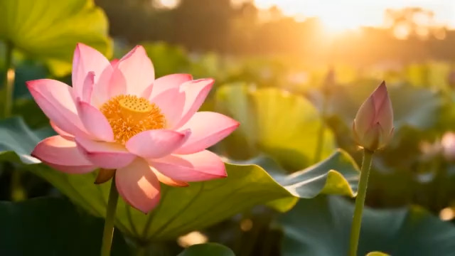  夕阳下盛开的粉色荷花2413#横屏 	 