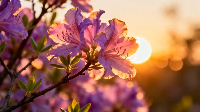  夕阳下盛开的紫色杜鹃花2414#横屏 	 