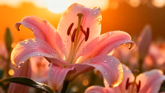  夕阳下的粉色百合花2375#横屏 	 -