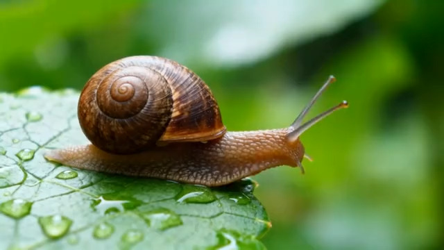  蜗牛趴在带露珠的绿叶上2334#横屏 	 