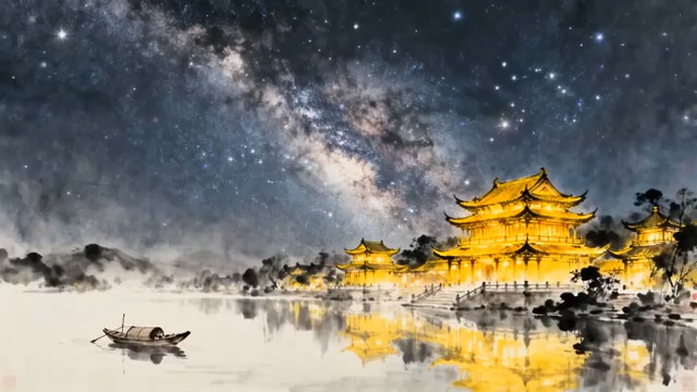  水墨星空下的金色古建2198#横屏 	 -