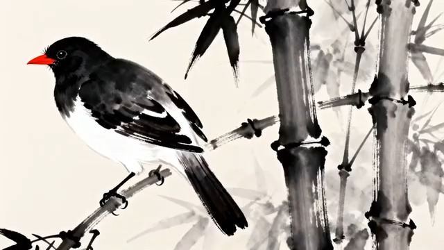  水墨竹鸟图2200#横屏 	 