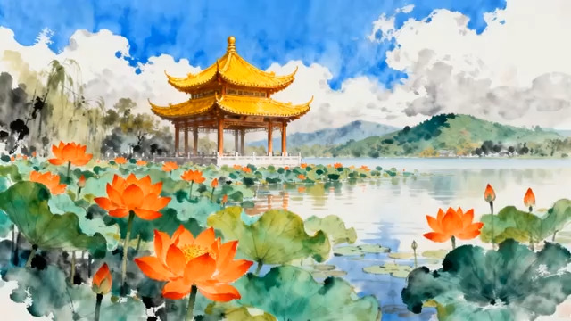  水墨荷花亭台风光2187#横屏 	 