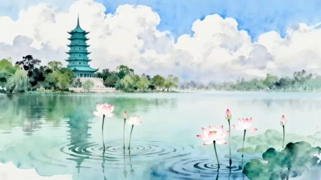  水墨风荷花古塔湖景2181#横屏 	 -