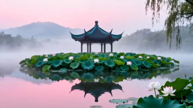  水墨江南荷花亭2190#横屏 	 