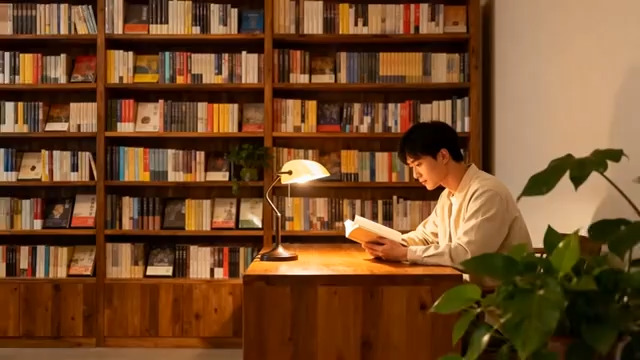  书房灯下阅读的青年2158#横屏 	 -