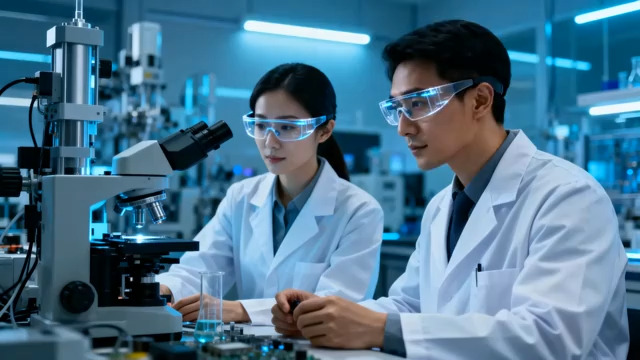  实验室科研人员显微镜观察2116#横屏 	 