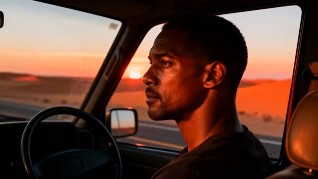  沙漠公路驾车男子剪影1906#横屏 	 