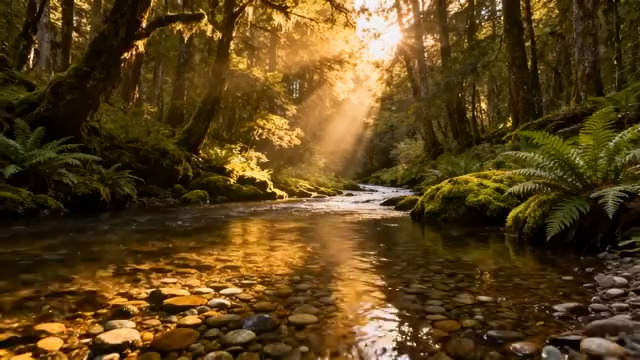  森林溪流阳光穿透1897#横屏 	 