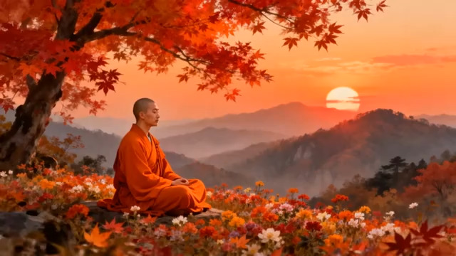  僧人禅坐红叶间1900#横屏 	 