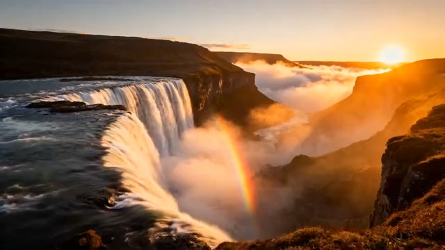  日落瀑布与彩虹壮丽景观1852#横屏 	 -