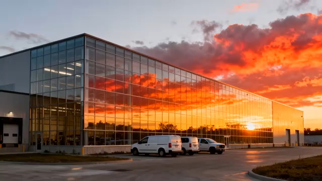  日落时分的玻璃厂房1854#横屏 	 